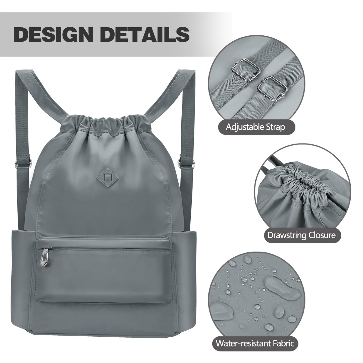 BAVELOE Drawstring Backpack with Wet Pocket Gym Backpack Water-Resistant Cinch String Bag Beach Swim for Women Men (Grey)