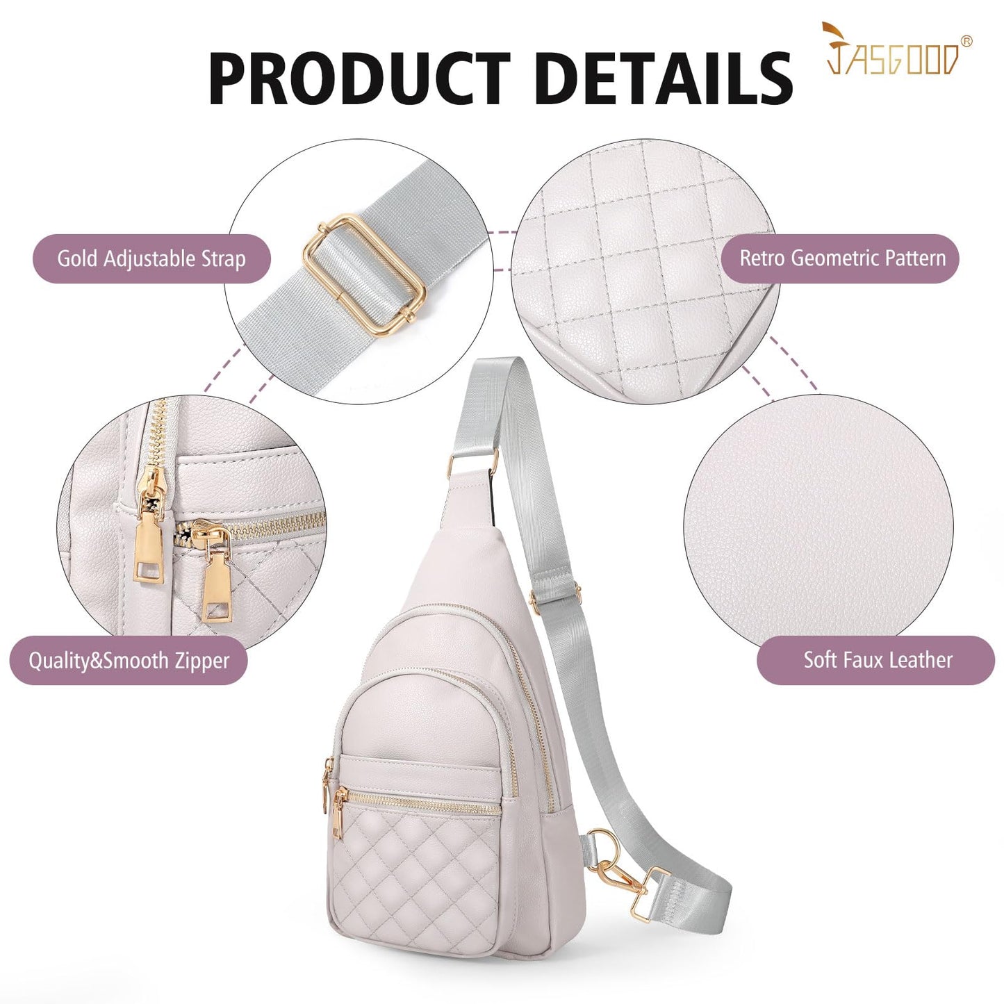 JASGOOD Sling Bag for Women Crossbody Leather Anti-theft Fanny Packs Chest Bag Sling Backpack for Fashion Travel,Light Gray