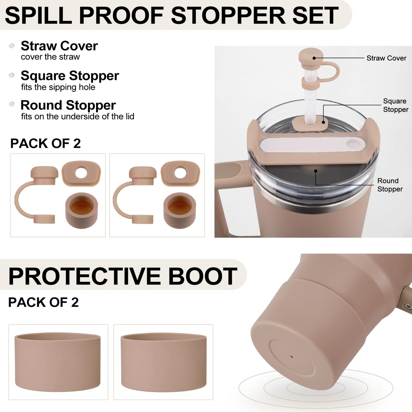 HYZ 8 Piece Accessories for Stanley Cup, Silicone Spill Proof Stopper Set and Protective Boot Including Straw Cover Cap for Stanley H2.0 20oz 30oz 40oz Tumbler, Almond Rose