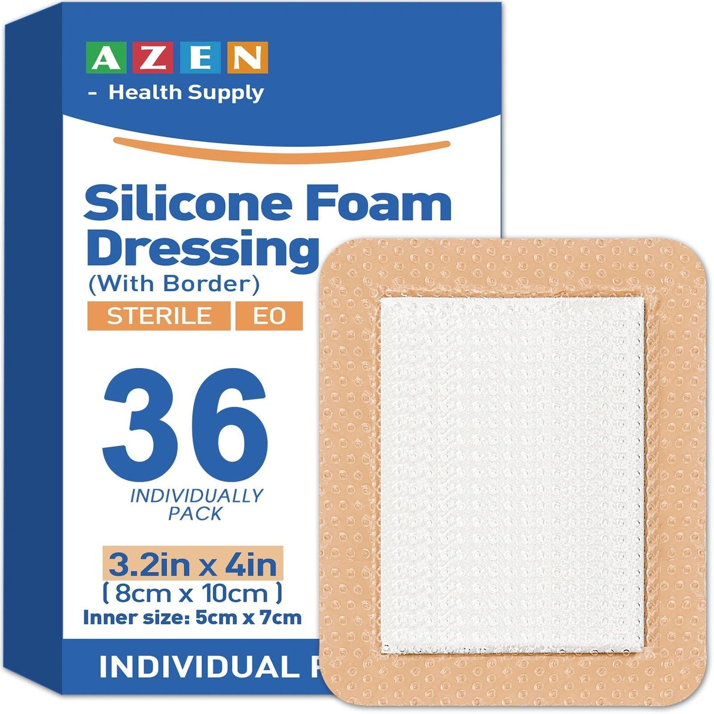 AZEN 36 Pack Silicone Foam Dressing, 3.2" X 4" Waterproof Silicone Bandages with Border Adhesive, Large Bandages for Wounds, Self Adhesive Wound Care and Dressings