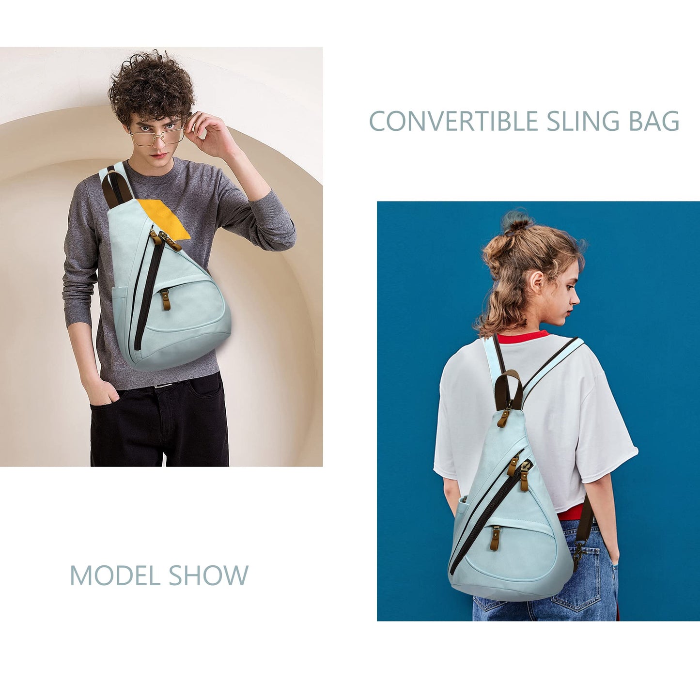 KL928 Canvas Sling Bag - Small Crossbody Backpack Shoulder Casual Daypack Rucksack for Men Women(LightBlue)