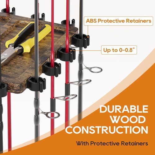 Fishing Rod Rack for 16 Poles - 360° Rotating Base, Easy to Install & Durable Wooden Pole Holders for Garage, Fishing Rod Equipment Organizer Storage Stand for Ground, Fishing Gifts for Men, Brown