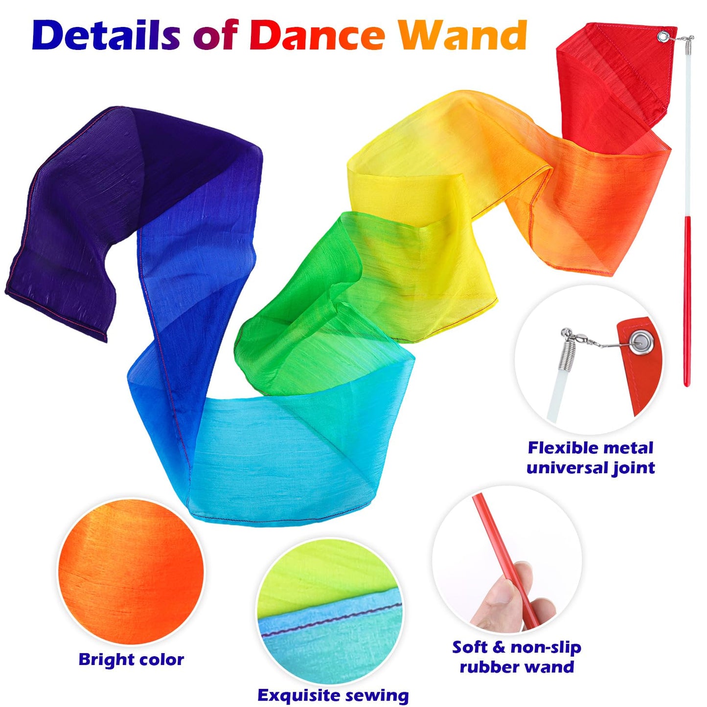 HiUnicorn 100% Silk Dance Ribbons Rainbow Streamers, Ribbon Dancer Wand for Kids Gymnastics Dance Party Favor Decoration, Praise Church Worship Flags, Play Silks Toys for Toddlers