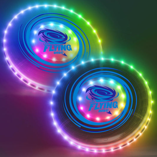 HYES 2 Pack Light up Flying Discs for Kids, 45 LEDs, 14 Lighting Modes, Rechargeable Glow in The Dark Flying Ring for Beach, Summer Camping, Outdoor Game, Sport Toys Gift for Teens Boys Adult