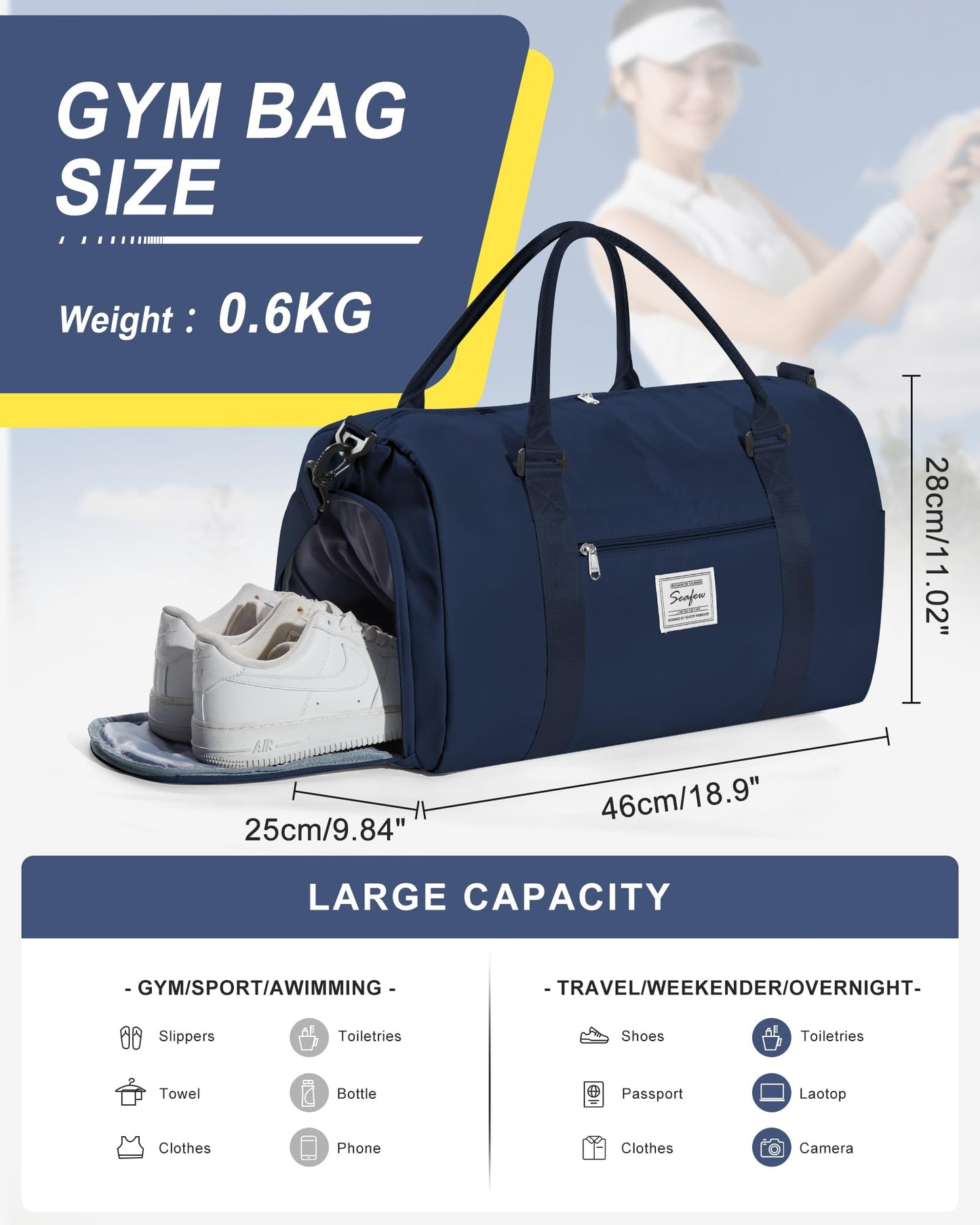 Gym Bag Womens Mens with Shoes Compartment and Wet Pocket Travel Duffel Bags for Women for Plane Sport Gym Tote Bags Swimming Yoga Waterproof Weekend Overnight Bag Carry on Bag Hospital Holdalls