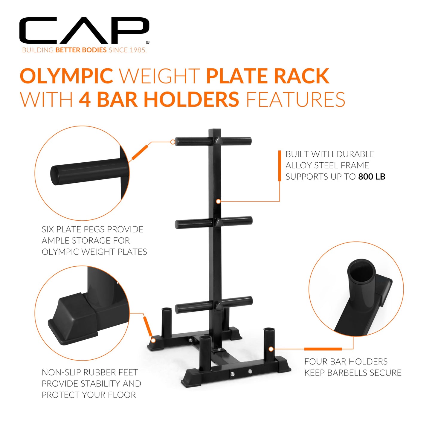 CAP Olympic Bumper Plate Tree Rack with 6 Weight Plate Posts & 4 Barbell Holders, Heavy-Duty Steel Plate Storage Rack for Home Gym, Black, 660 lb Capacity