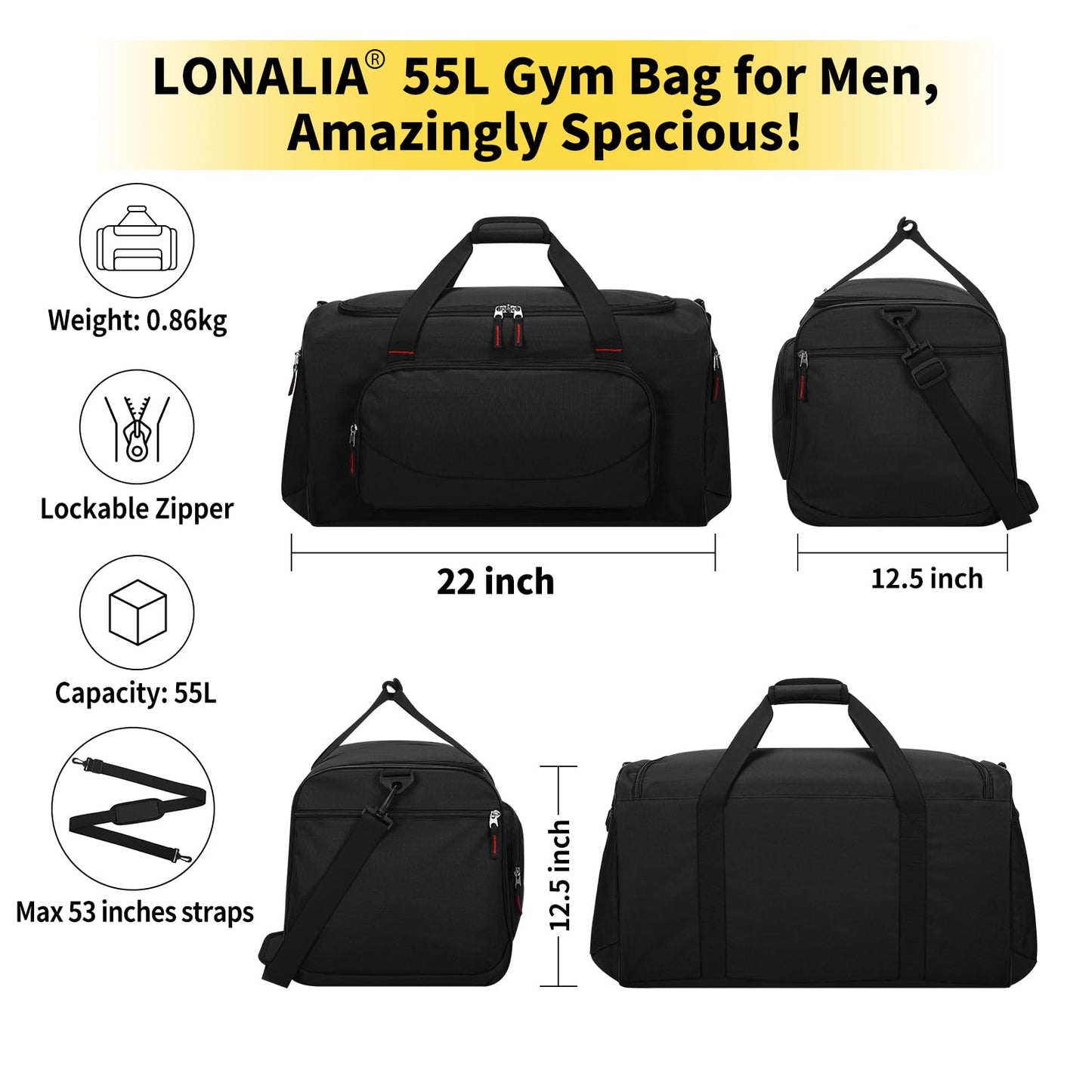 LONALIA 55L Sports Gym Duffle Bag for Men, Black