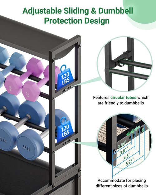 FavourLife Adjustable Dumbbell Rack, 4-Tier Movable Weight Rack Stand for Home Gym Up To 405lb with Lockable Caster & Hooks, Home Gym Equipment Storage for Dumbbell Kettlebell Yoga Mat Ball