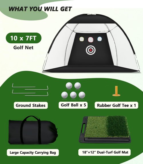 Golf Net: 10x7ft Golf Hitting Practice Net for Indoor & Outdoor Use with Heavy-Duty Base Dual-Turf Mat, Chipping Swing Training Mult-Target Nets for Backyard Driving, Gifts for Men Dad Husband Golfers