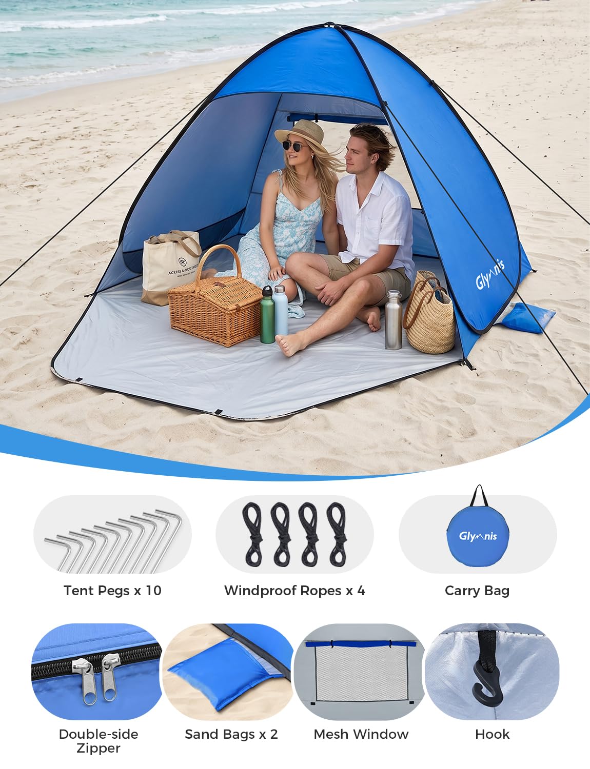 Glymnis Pop Up Beach Tent Instant Portable Sun Shade Shelter (S) 1-2 Persons UPF 50+ with Extendable Floor Zipper Door Automatic Easy Up Tent
