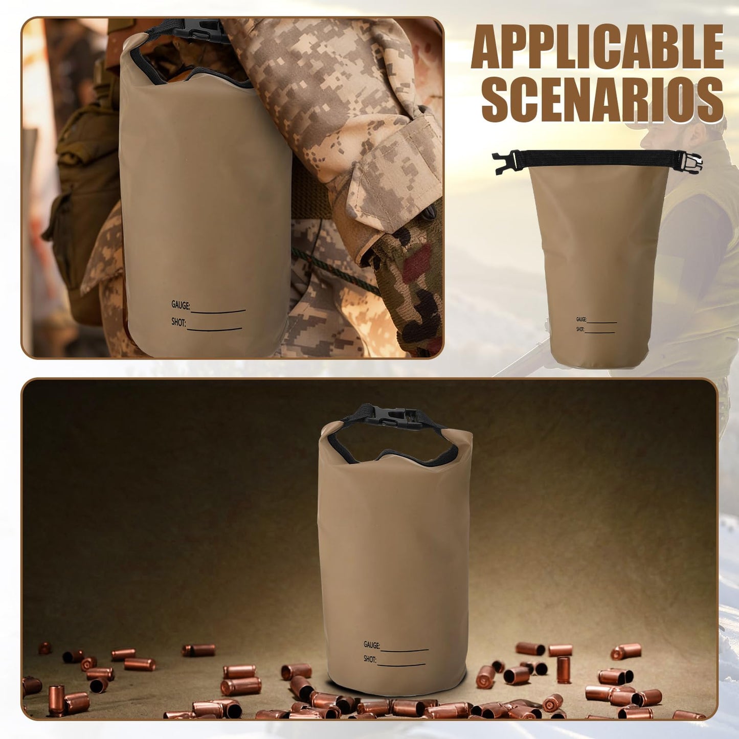 Sadnyy 2 Pack Shell Pouch 2 L Waterproof Shotgun Shell Bag Arc Welded Dry Ammo Pouch Sporting Roll-top Bag for Hunting, Shooting, Buckle Closure (Khaki)