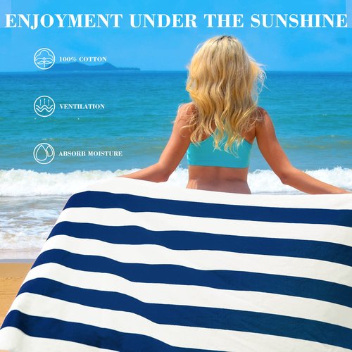 Exclusivo Mezcla 4 Pack Cotton Oversized 35x70 Inches Soft Cabana Stripe Thick Beach Towel, Super Absorbent Travel Bath Pool Towel (Dark Navy)