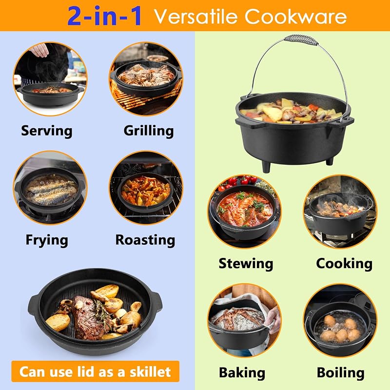 HaSteeL 7 QT Cast Iron Dutch Oven with Lid Lifter & Camping Rack - 3-Piece Variation