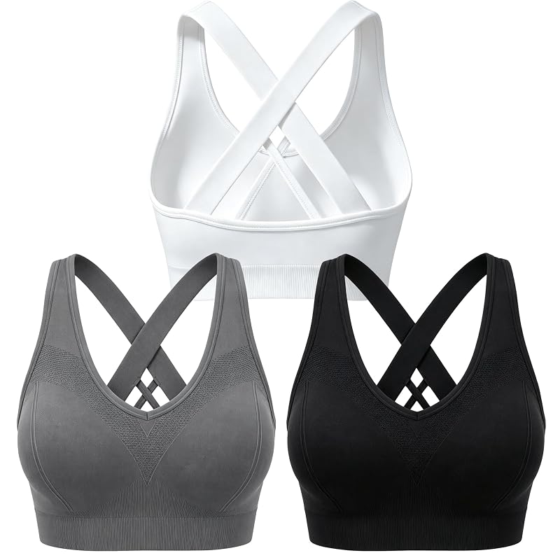 Double Couple High Impact Sports Bras for Women - 3 Pack (Black, White, Gray) Medium