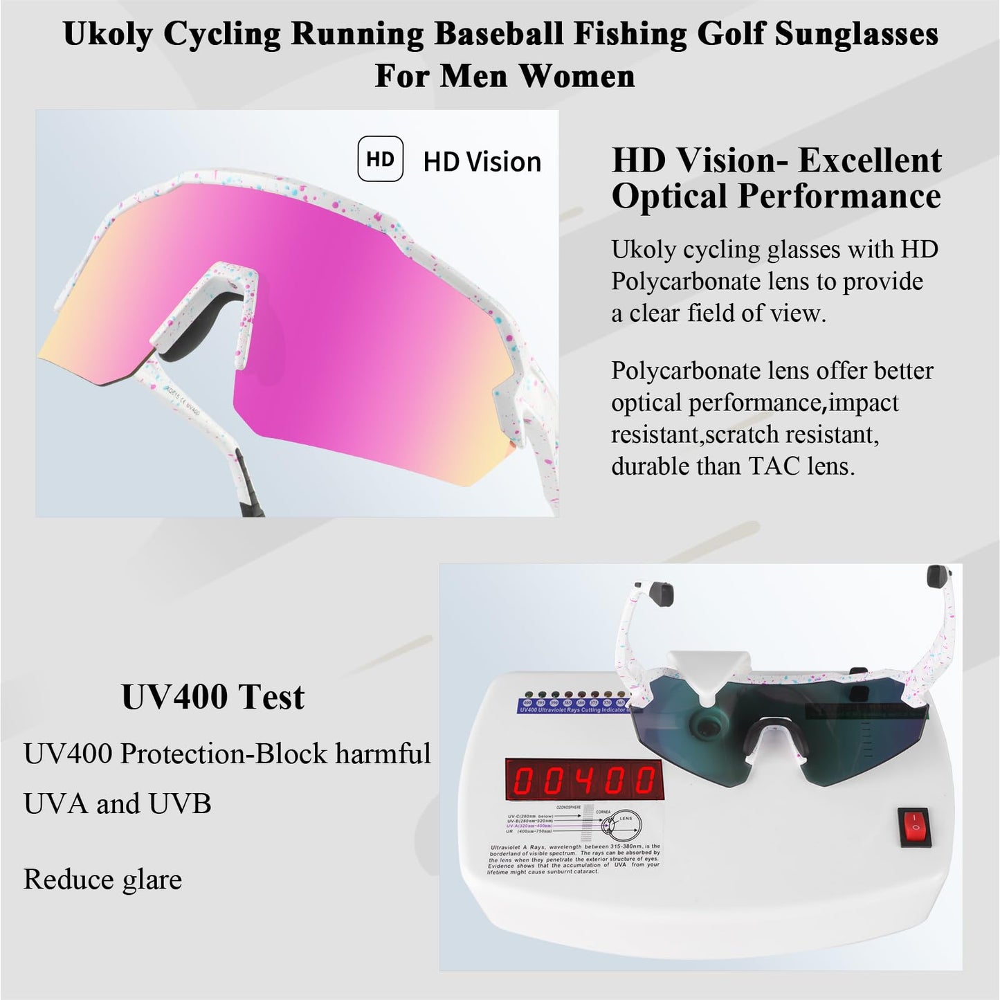 Ukoly Baseball Sunglasses For Men Women,Sports Sunglasses For Baseball Running Cycling UV400 protection TR90 Frame 615 (Pink)