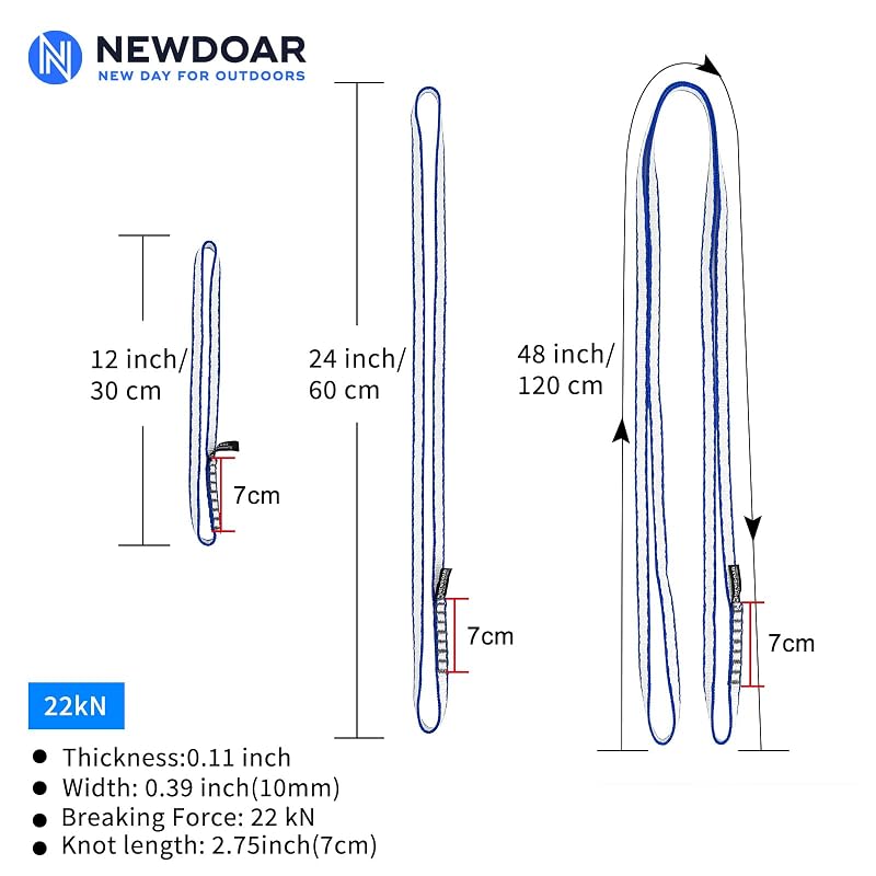 Climbing Sling 10mm Dyneema Sling Runner, 22kN - 60cm Blue (3pcs) for Anchors & Rappelling