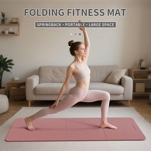 WOHAO Foldable Yoga Mat 70"x24" - Thickened TPE Non-Slip Exercise Mat for Home, Gym & Travel, Lightweight & Easy to Carry, Supports Pilates, Hot Yoga & Floor Workouts (Pink + Navy)
