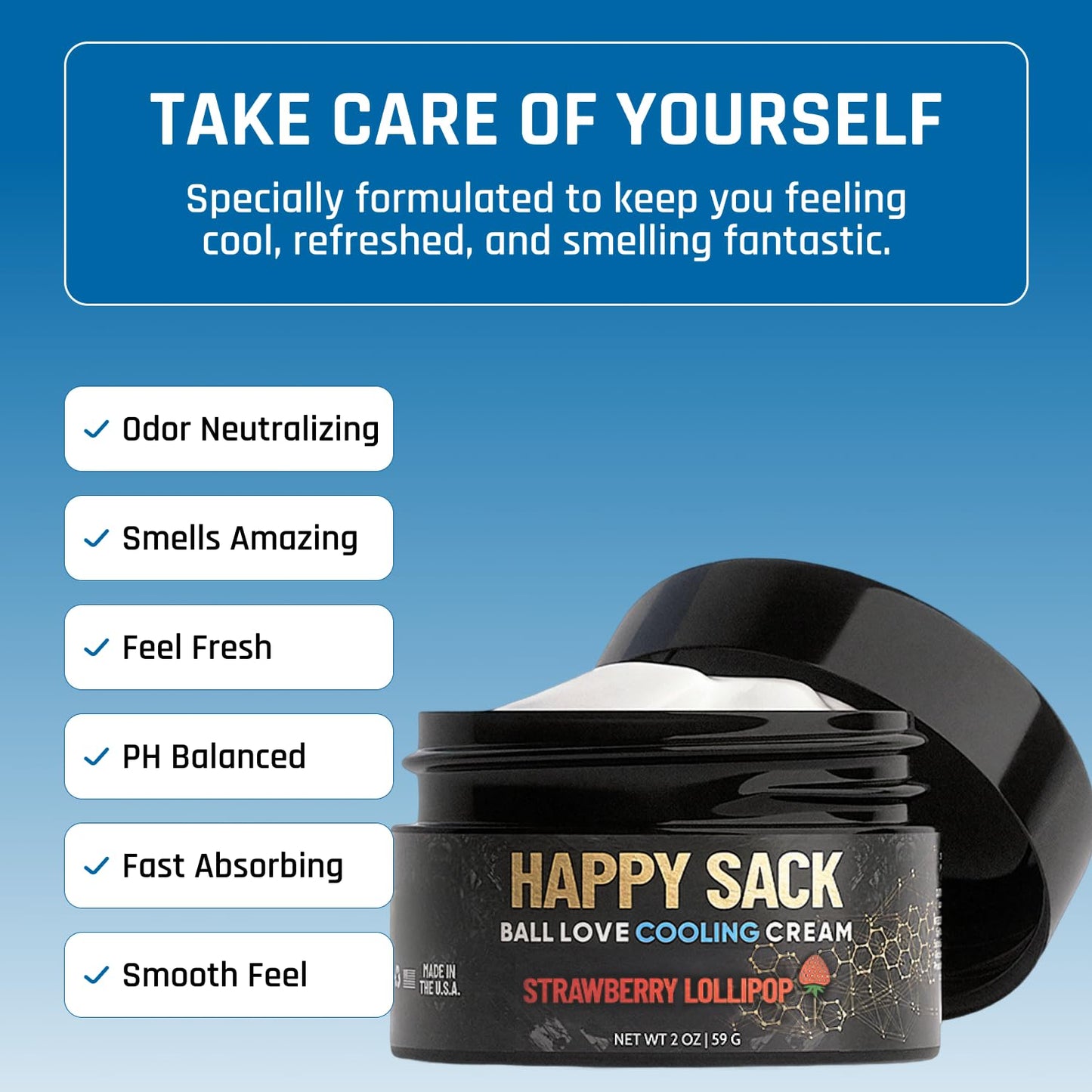 Derm Dude Happy Sack Ball Deodorant & Comfort Cream for Men | Anti-Chafing Sweat Defense, Odor Control, Aluminum-Free Deodorant & Hygiene Products for Men's Private Parts | Strawberry Lollipop, 2oz