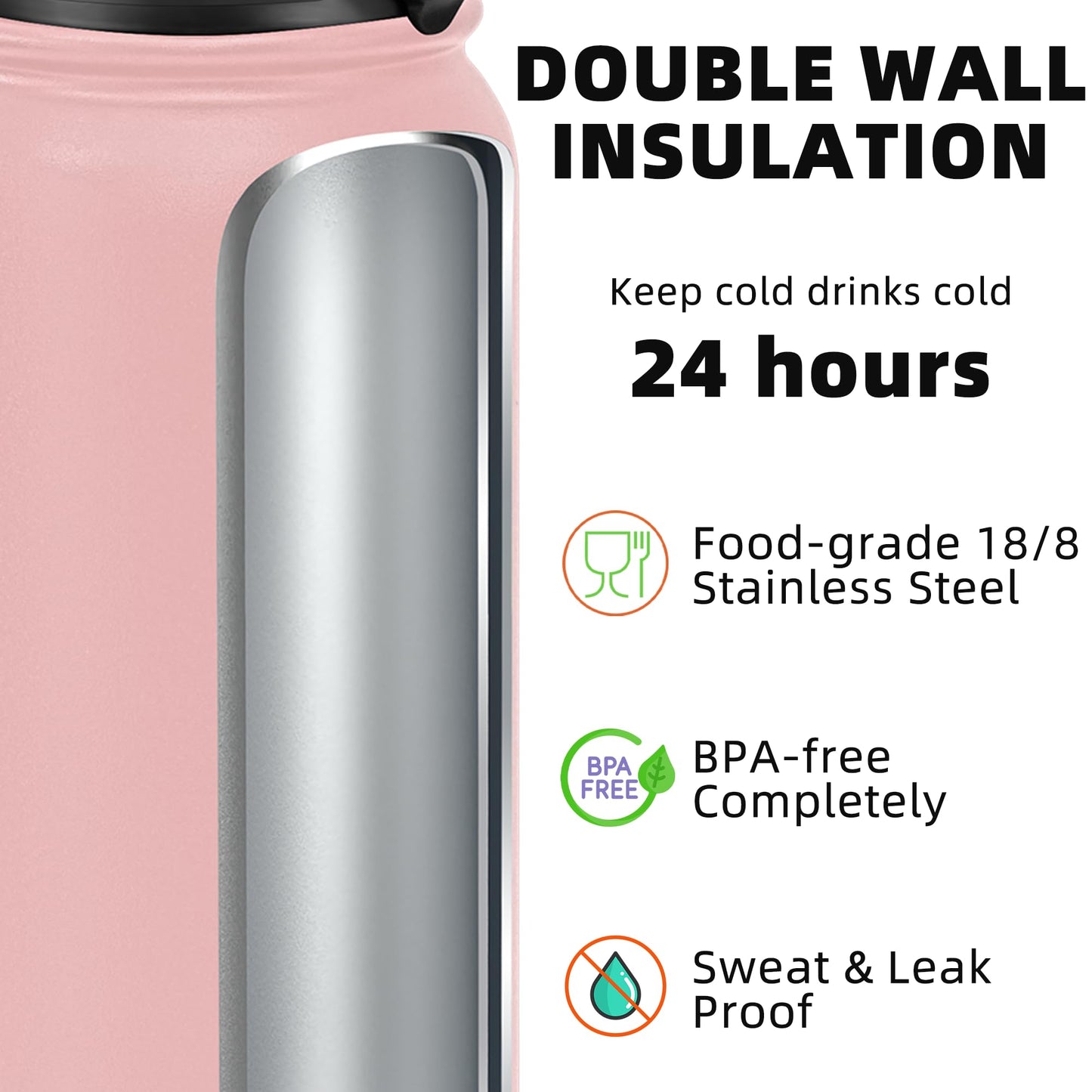 Fanhaw 24 Oz Insulated Stainless Steel Vacuum Water Bottle with Anti-Dust Pop-Open Lid - For Kids, Women, Men | Leak & Sweat Proof (Pink)
