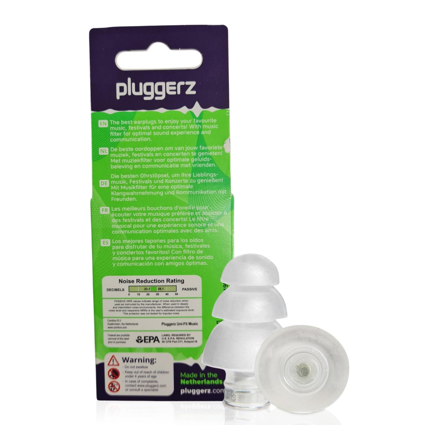 Pluggerz Enjoy Music Earplugs, Transparent, Skin-Friendly Material, Reusable Ear Plugs with Filter, 24-29 dB Noise Reduction Rating, Universal-Fit Hearing Protection for Concerts or Festivals, 1 Pair
