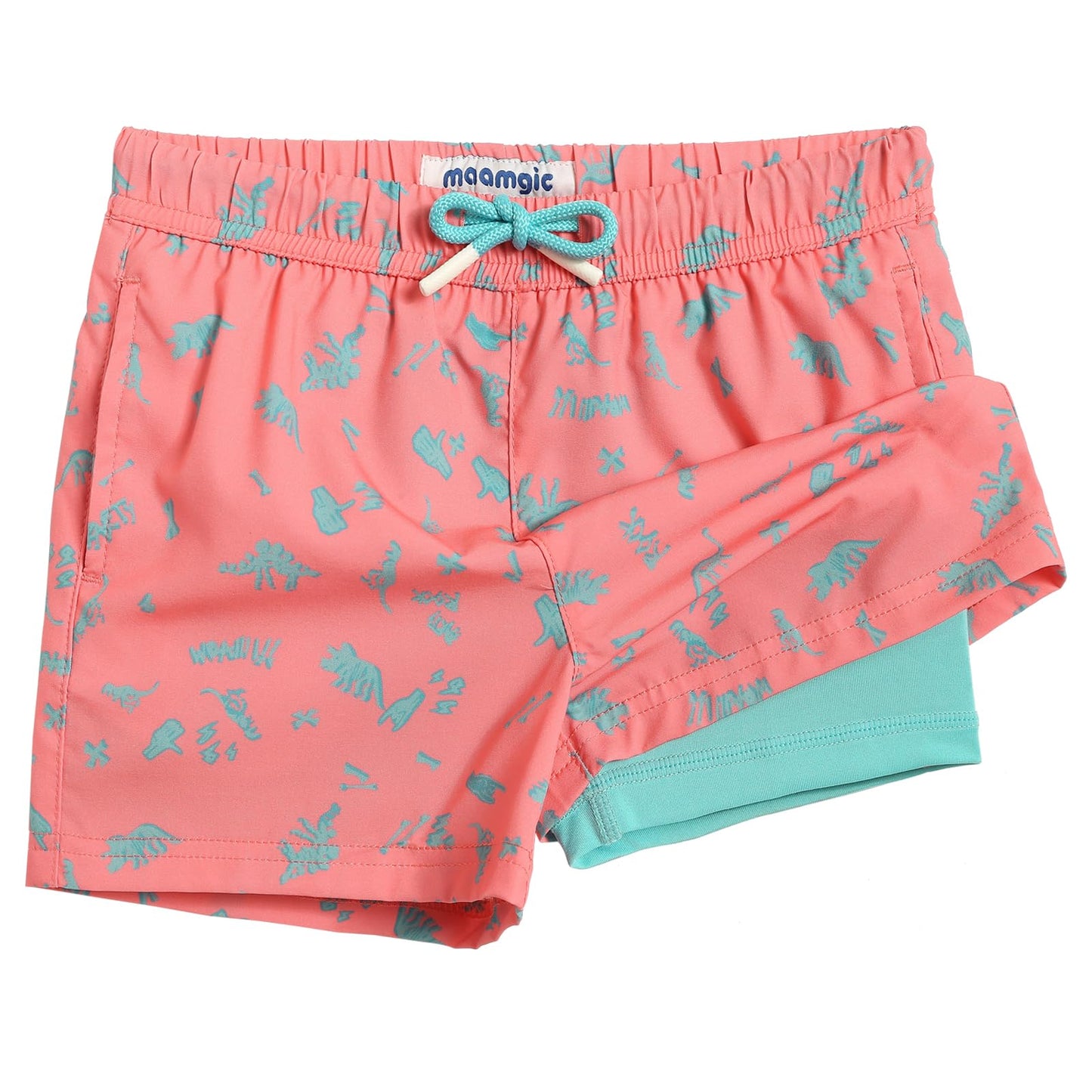 maamgic Boys Swim Trunks with Compression Liner Toddler Stretch Swim Shorts Quick Dry Swimming Trunks Boxer Brief 2 in 1 Beach Shorts Pink Mini Dinosaur 14/16