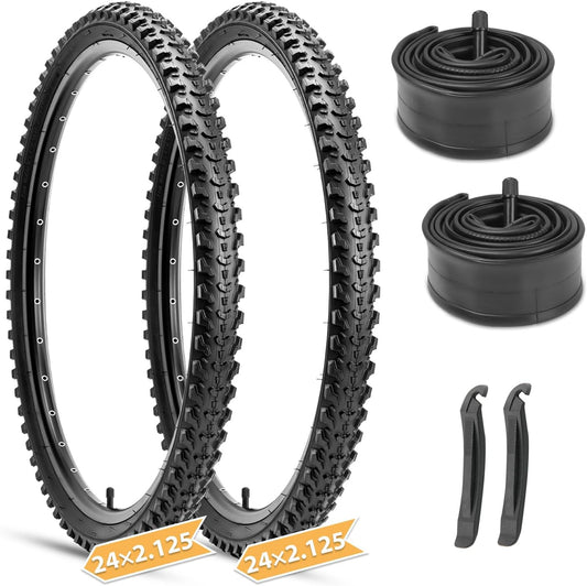Hycline Mountain Bike Tires Set: 2-Pack 20/24/26x2.125 Inch Folding Replacement High-Density Bicycle Tires and Pair Inner Tubes with Tire Levers Compatible for Street & Off-Road Riding