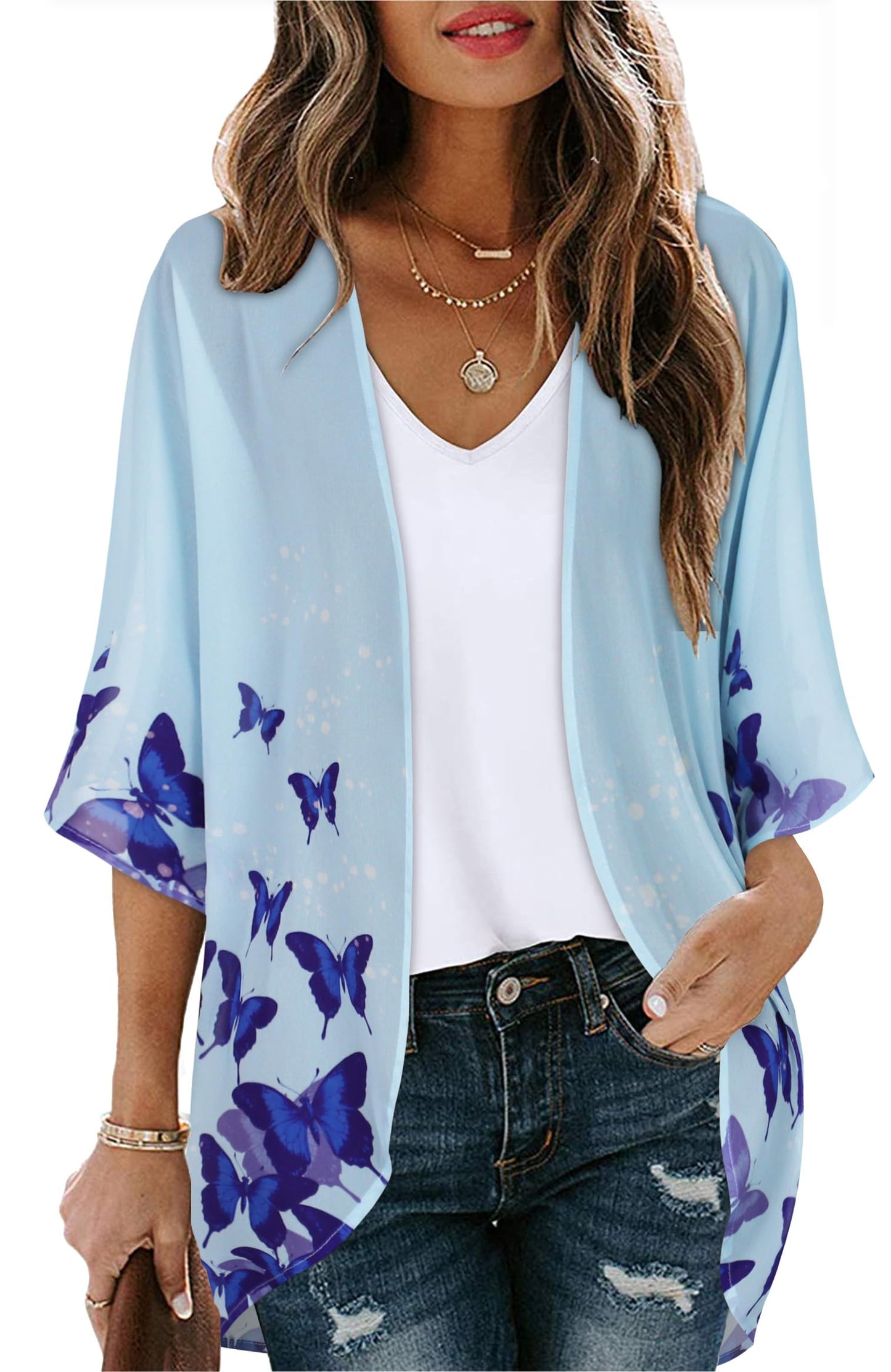 Women's Kimono Floral Cardigan Print Puff Cover Up Casual Blouse Summer Tops (Butterflies on Blue, XL)