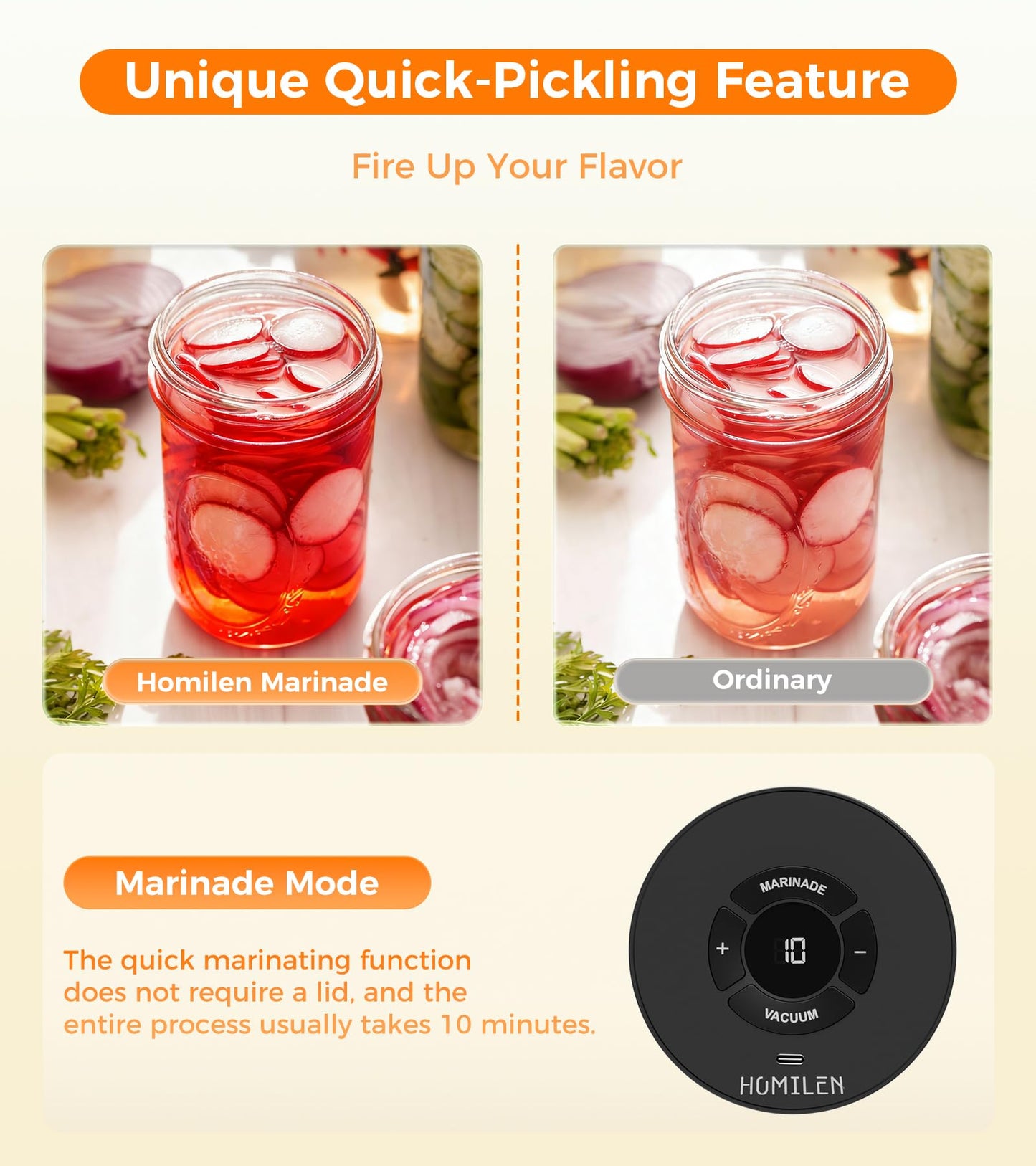 HOMILEN Electric Mason Jar Vacuum Sealer Kit - 2 Modes for Vacuum and Fast Marinade, 10 Sealing Lids - Preserve Freshness Efficiently, Ideal for Canning Jams, Pickles, Dry Foods, Grains Storage