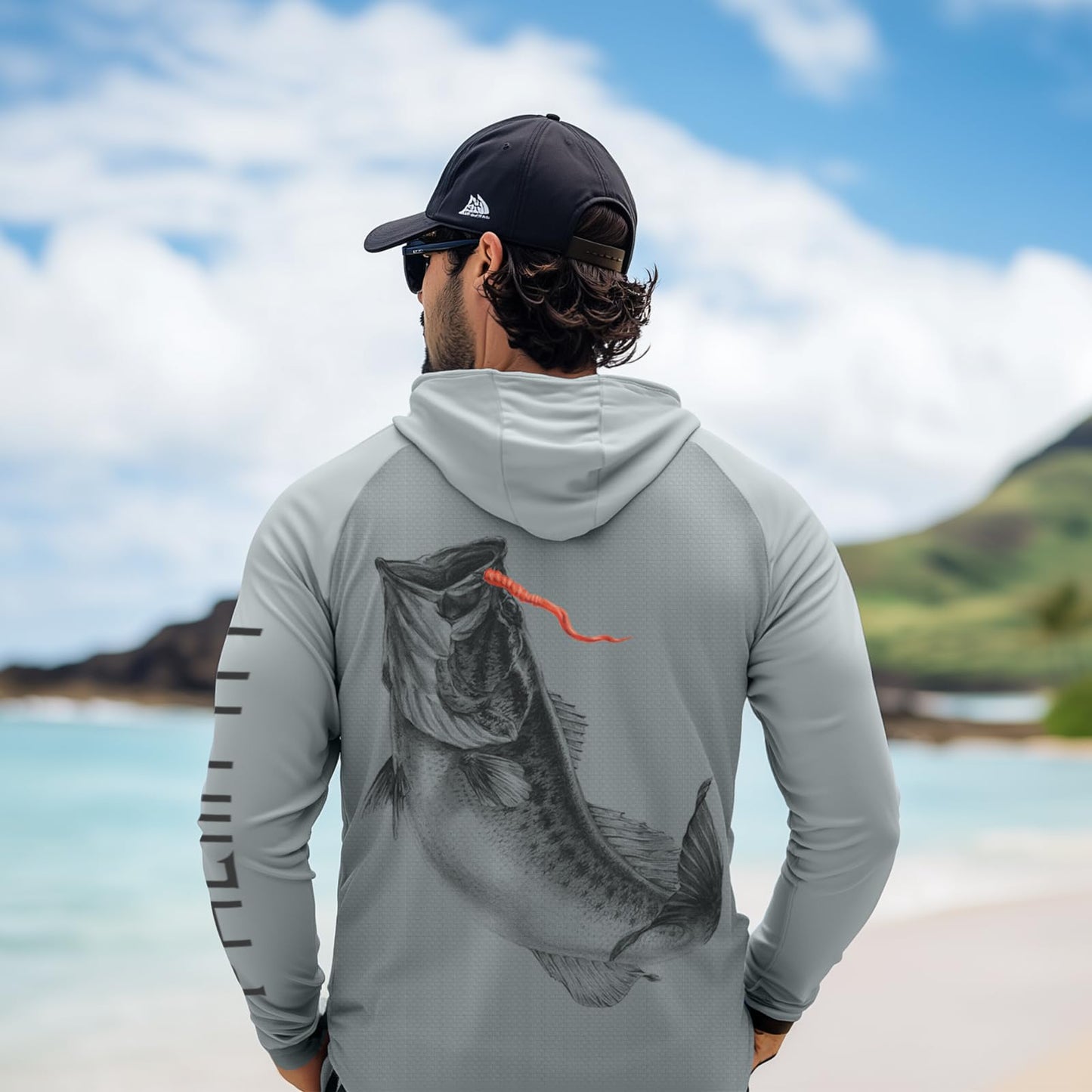 Palmyth Sun Hoodie Mens,Hooded Fishing Shirt Long Sleeve UPF 50+ Sun Protection Mens Fishing Shirt Sketch Rash Guard Breathable Quick-Dry (Gray/Largemouth Bass, L)