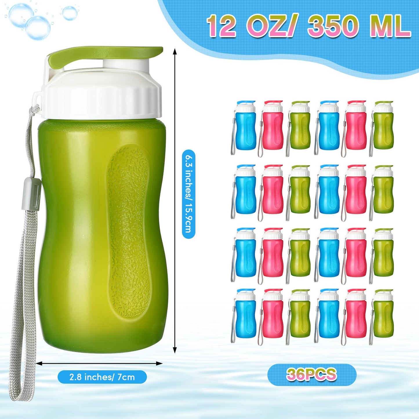 Domensi 36 Pack 12 oz Kids Plastic Water Bottles Reusable Plastic Sports Water Bottles Wide Mouth Leak Proof Lightweight for Boys Girls Child Toddler to School Travel Camping, DIY Gift
