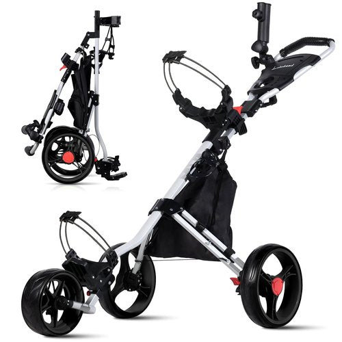 Lakehood Golf Push Cart - 3 Wheel Golf Cart for Easy Transport & Storage, Height-Adjustable Handle for All Ages, Push Golf cart - Perfect for Golf Courses & Practice Sessions (Black)