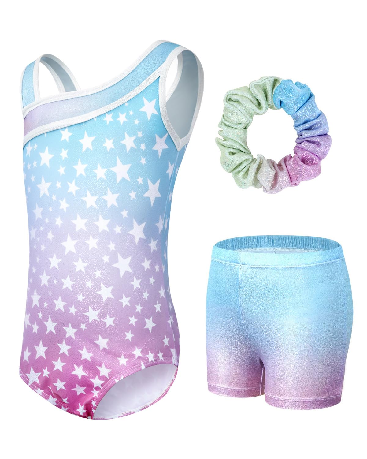 JiAmy Girls Gymnastics Leotards, Glitter Ballet Dance Unitards Biketards Activewear with Short & Hairband for Kids 5-7 Years