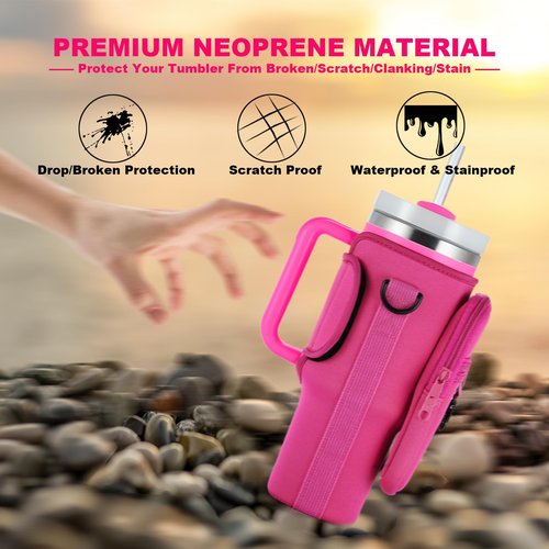BULKITEM Water Bottle Carrier Bag with Phone Pocket for Pink Stanley 40 oz Tumbler with Handle, Hot Pink Insulated Neoprene Cup Holder Pouch Strap for Valentines Stanley Cup Accessories