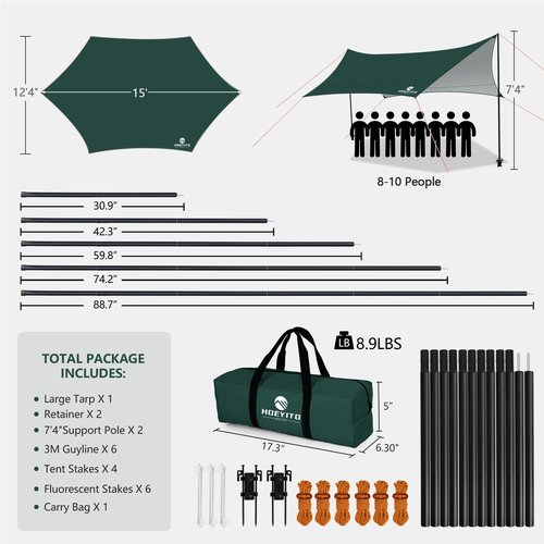 Camping Tarp with Poles & Retainer,15x12.5FT Large Waterproof 210D Oxford Cloth Camping Canopy, Anti-UV UPF100+ Tent Tarp Car Awning for Outdoor, Picnic, Hammock, Car, Backpacking(Green)