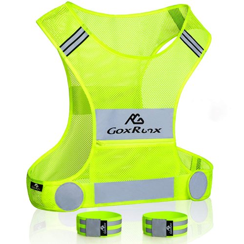 Reflective Vest Running Gear, Lightweight Motorcycle Cycling Reflective Vests with Large Pocket & Adjustable Waist for Women Men Running Safety Vest with Reflective Bands (Green, Medium)