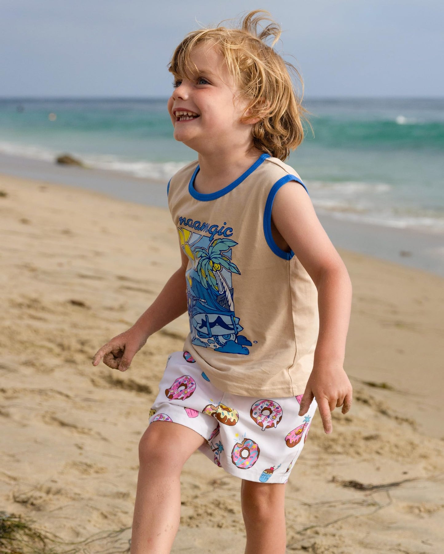 maamgic Boys Swim Trunks with Compression Liner 4-Way Stretch Quick Dry Swim Shorts Swimming Trunks Toddler Donut White 3T