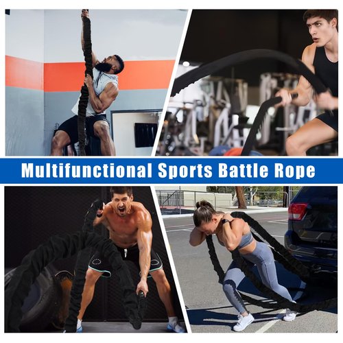 Exercise Battle Ropes 1.5 inch 30 ft - Heavy Duty Polyester Workout Ropes for Home Gym, Strength Training, and Fitness Equipment - Black