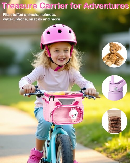 Kids Bike Basket, Front Handlebar Bicycles & Scooter Basket, Kid Ride Basket Bag with Detachable Strap for Girls, Boys, Toddlers - Clear Lid, Adjustable Straps, Cute Ear Design