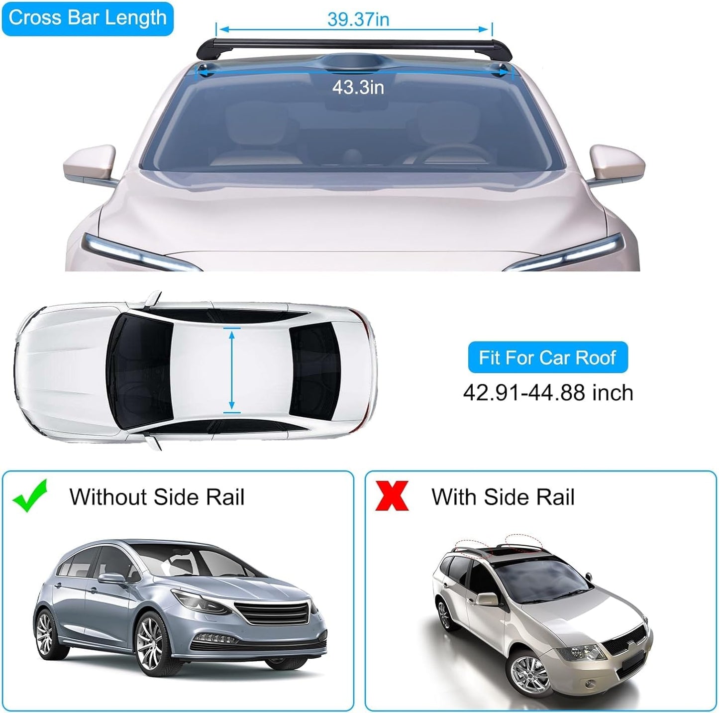 43inch Universal Car Roof Rack, Anti-Theft Lock, Aluminum Rack Cross Bars, Adjustable Window Frame for Bike Kayak Cargo Luggage, 42.91-44.88 inch Distance Between Rain Grooves, 165LBS Load