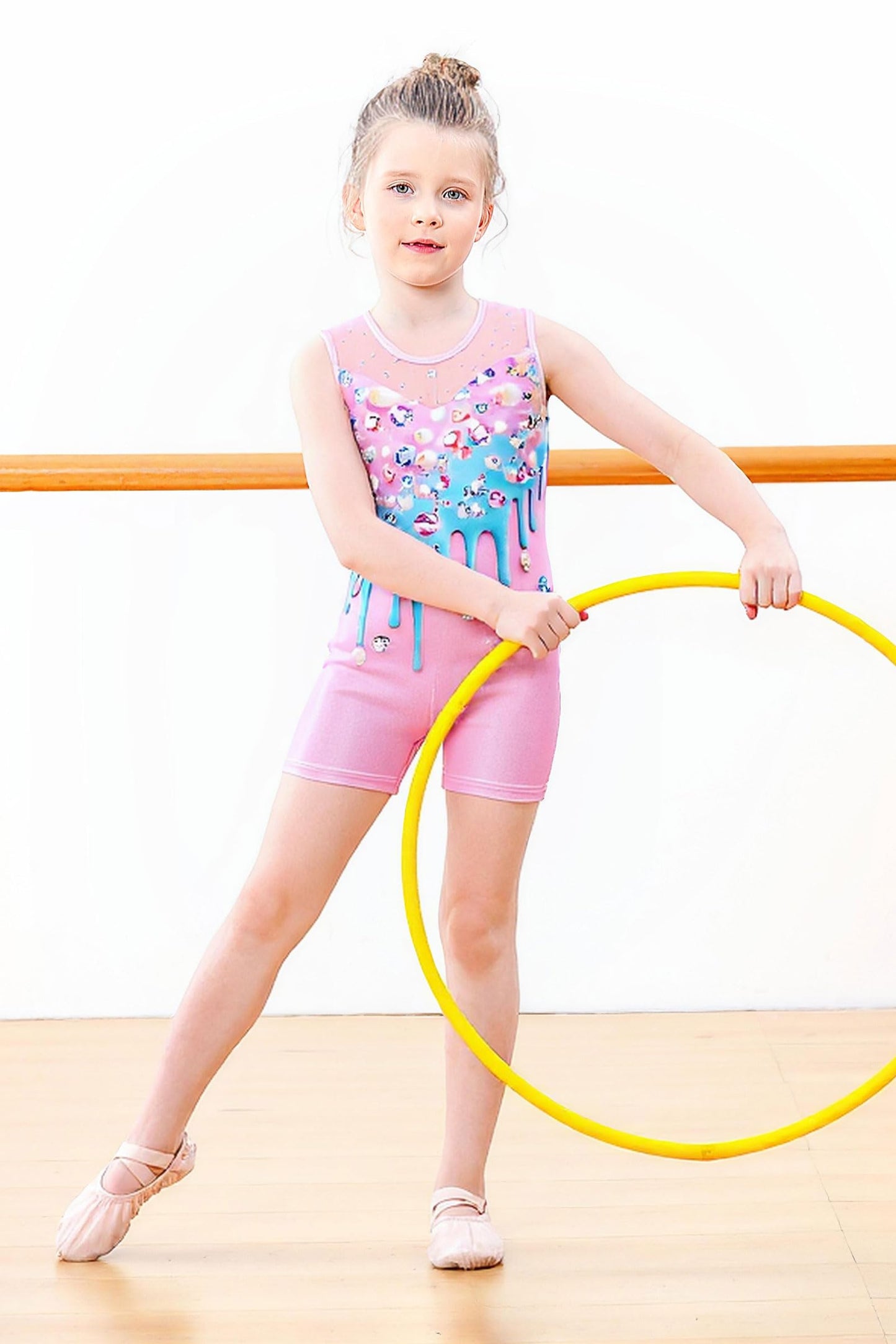 uideazone 4t 5t Girls Gymnastics Leotards Sparkle Diamond Ballet Stretchy Unitards Kids Sequin Mesh Stitching‌ Biketards Tumbling Outfits