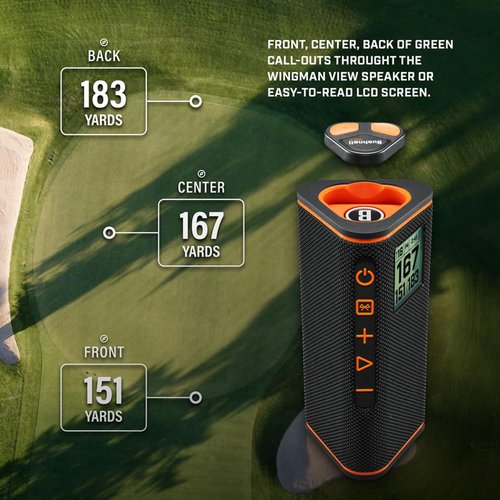 Bushnell Golf Wingman View GPS Speaker | LCD Screen, Magnetic Mount, Music & Audible Distances for 36,000+ Courses, Wireless Remote, 36-Hole Battery, Hazard Info, Signature Series Golf Towel
