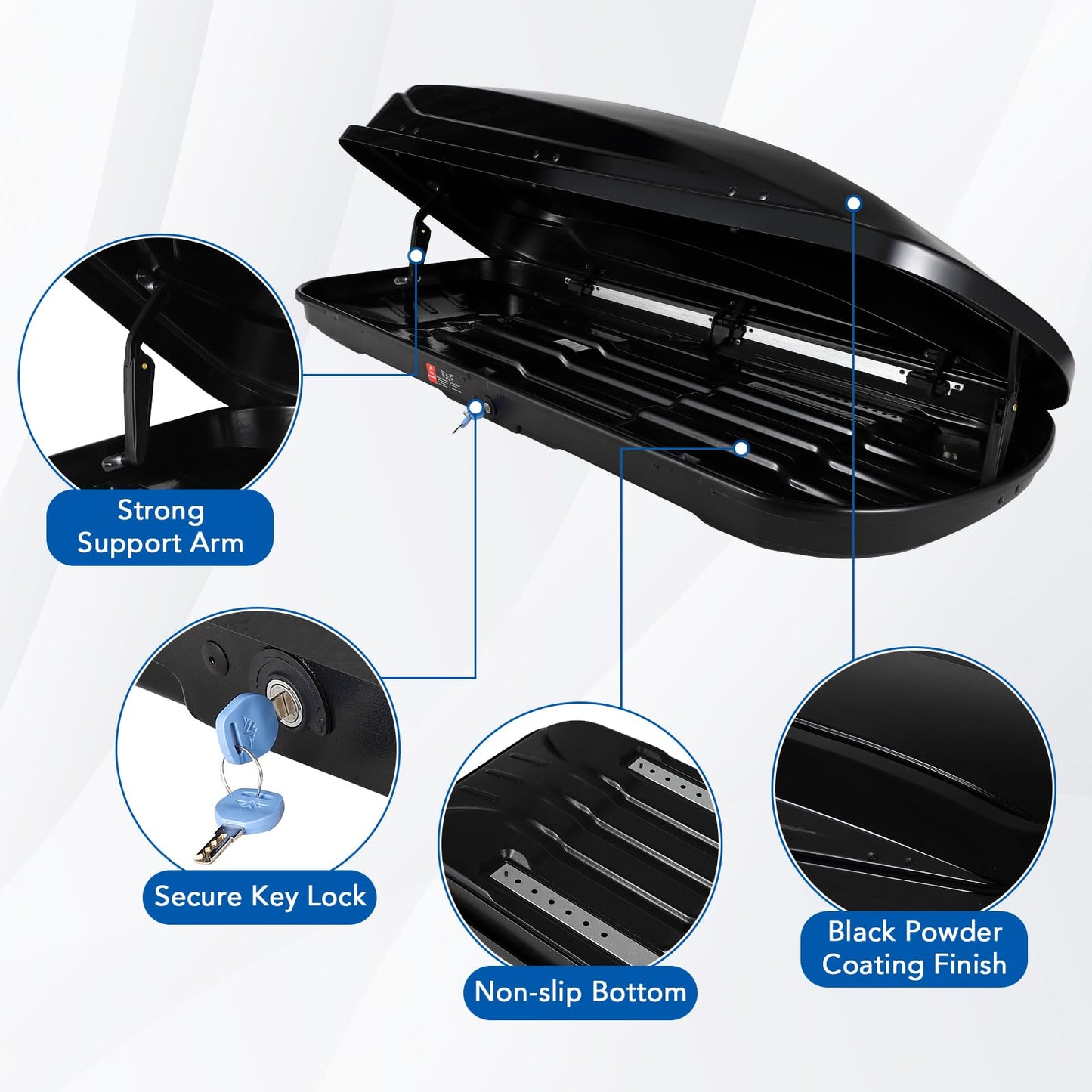 GarveeTech 70 Inch Rooftop Cargo Box Carrier, 17.7 Cubic Ft. Hard Shell Roof Rack Cargo Carrier with Security Keys, 165 Lbs Capacity Waterproof Rooftop Storage Box, Dual Side Opening