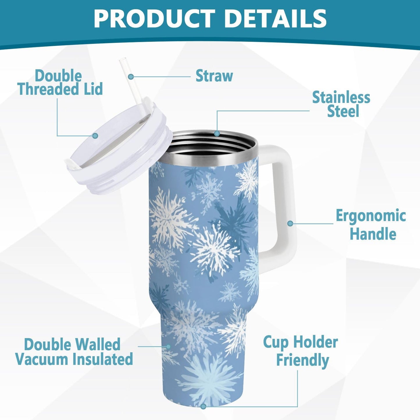 Boccsty Blue White Snowflakes Insulated Tumblers Winter Christmas Theme Reusable Stainless Steel Tumbler 30 oz Cup Coffee Travel Mug Water Bottle with Handle & Flip Straw for Home Office Car