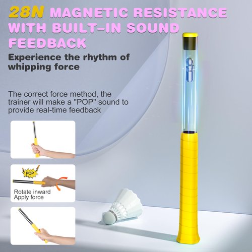 Moojay Badminton Racket Power Trainer with Magnetic Resistance 28N Swing Trainer, Sound Feedback for Correct Technique PP Handle, for Training, Fitness, and Professional Use - Yellow