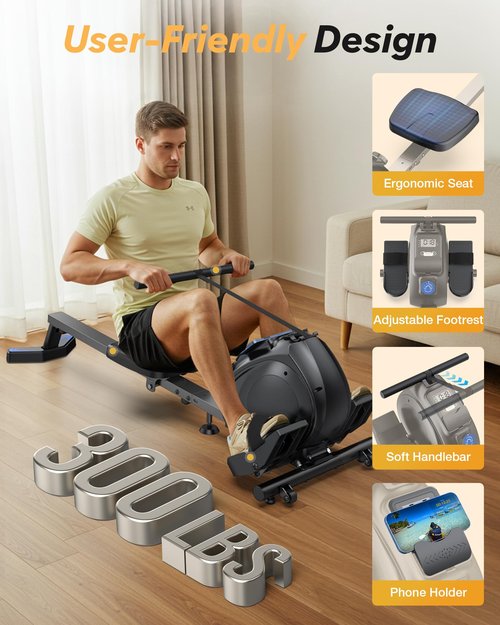 Rowing Machine for Home, Magnetic Rower Machine 300lbs Capacity, Compact Upright Storage Rower for Small Space, 8 Levels Adjustable Resistance, Works with Kinomap