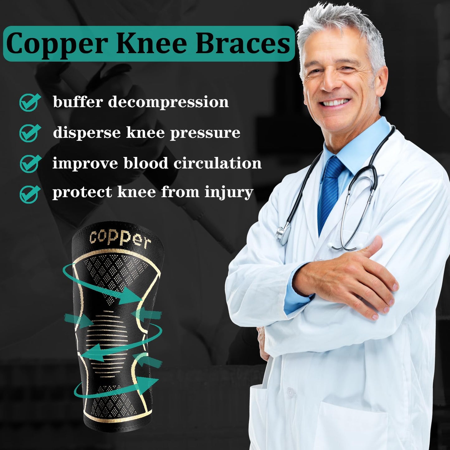 Copper Knee Braces for Women and Men 2 Pack, Knee Compression Sleeve for Knee Pain, Arthritis,ACL, Meniscus Tear, Joint Pain Relief, Knee Support for Running, Working Out, Fitness, Weightlifting-M
