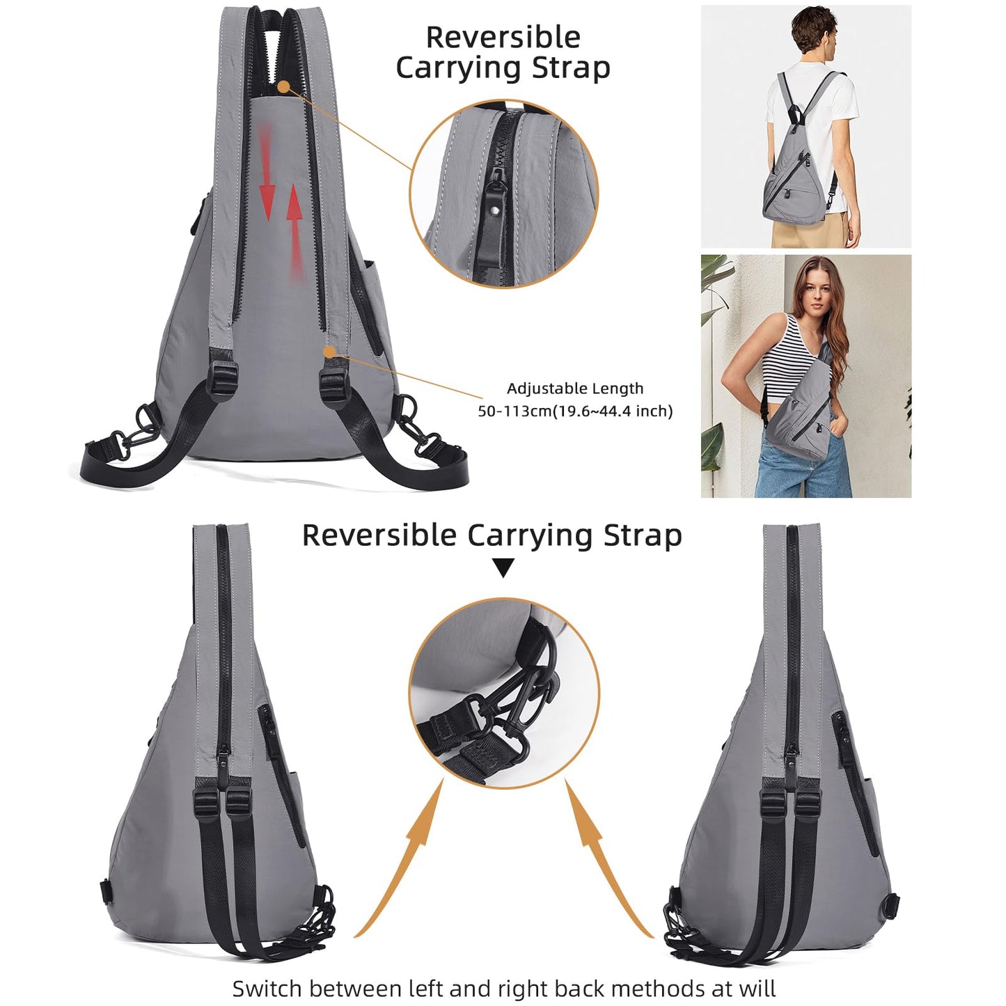 KL928 Crossbody Sling Backpack Nylon Cross Body Bag Travel Hiking Shoulder Bags Daypack Rucksack Unisex (Grey)