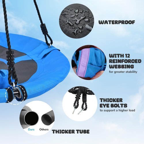 Trekassy 700lb 40 Inch Saucer Tree Swing for Kids Adults Outdoor 900D Oxford Waterproof with 2pcs Tree Hanging Straps, Steel Frame and Adjustable Ropes Blue