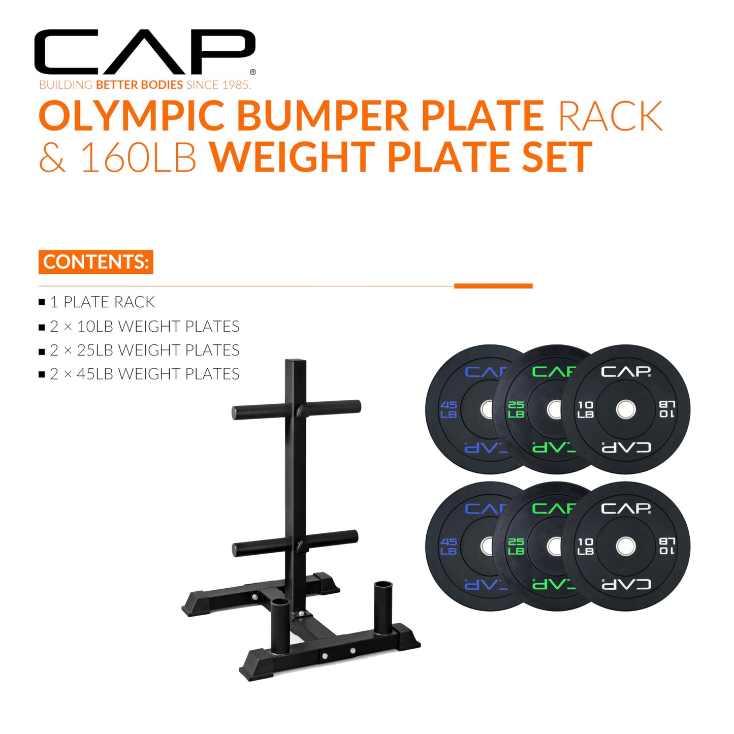 CAP 160 lb Economy Olympic Bumper Plate Set with Compact Storage Rack, 2-Inch Olympic Plates, Medium Bounce Rubber Weight Plates with Steel Hub, 4 Weight Posts & 2 Barbell Holders for Weightlifting, Strength Training & Home Gym Workouts