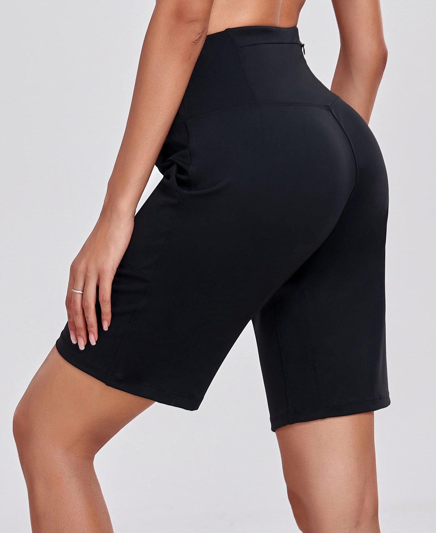 Oalka Women's High Waisted Shorts Yoga Workout Bermuda Long Hiking Shorts with Pockets 10" Shorts Black L